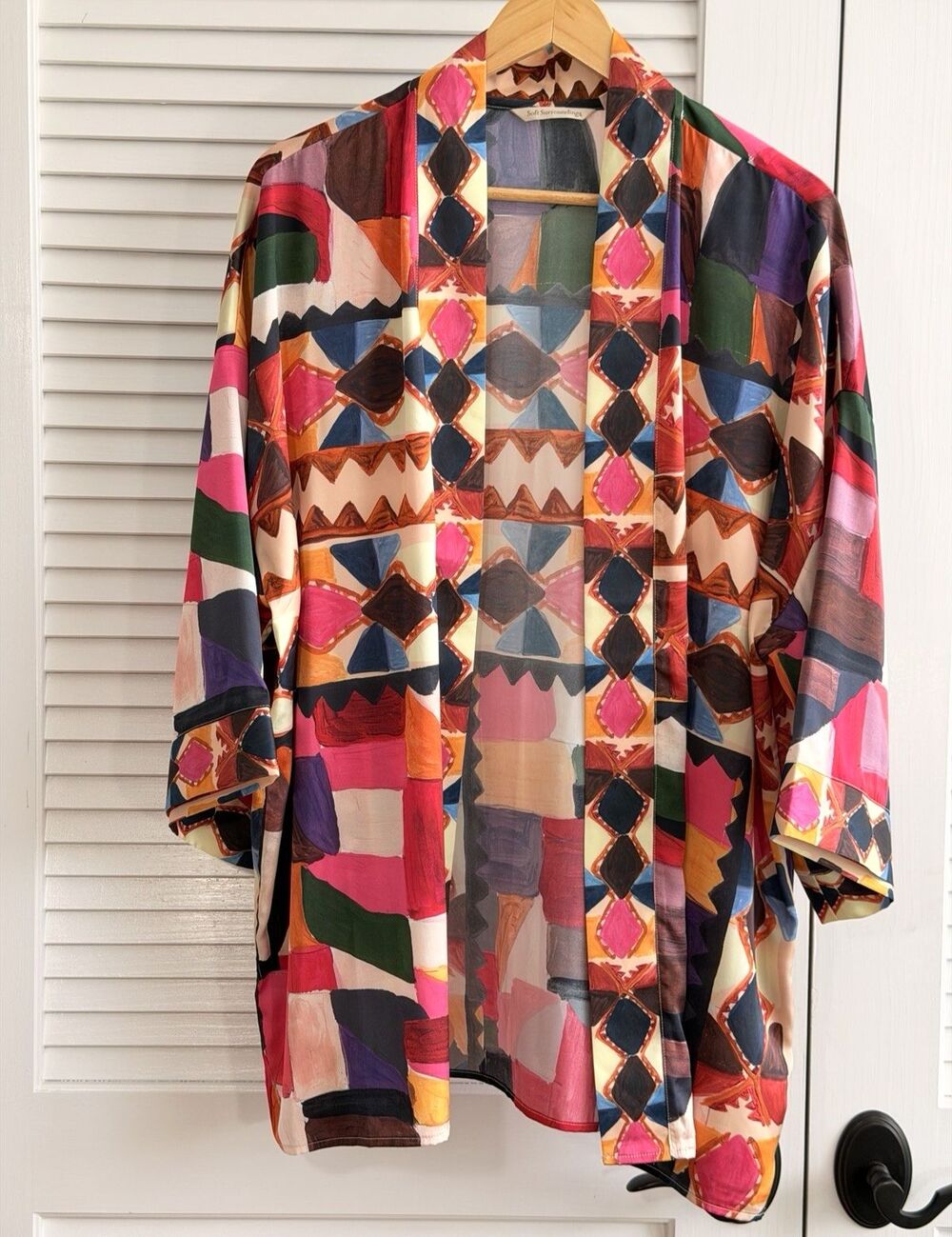 Soft Surroundings L/ XL Kimono Duster Colorful Abstract Geometric Boho Cardigan